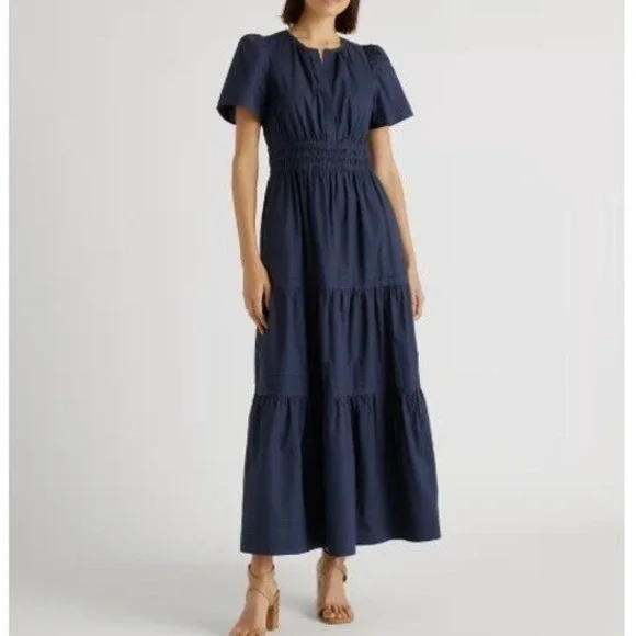 Quince 100% Organic Cotton Poplin Tiered Maxi Dress Women's L Navy Smocked Boho - Picture 1 of 14